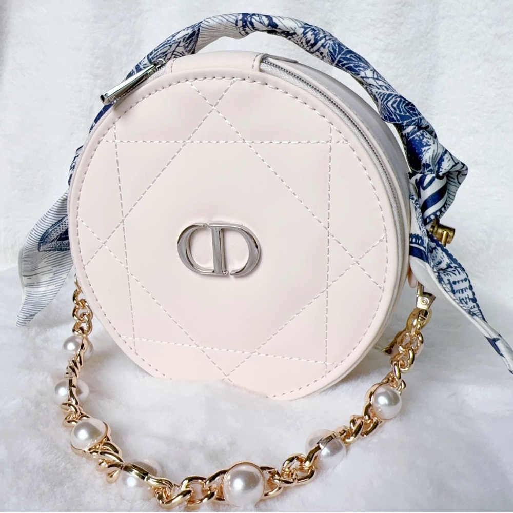 Dior Makeup Vanity Bag Case light pink leather with chain and scarf
